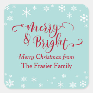 Red Merry & Bright w/ White Snowflakes on Blue Square Sticker
