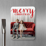 Red Merry Calligraphy - vertical Photo white type Magnet<br><div class="desc">Full coverage photo with a red overlay - Use a vertical photo to make a unique and trendy Merry Christmas greeting. This design has an abstract feel to it with painted elements and a handwritten font. If you need to move anything around, click on the customise button to make changes....</div>