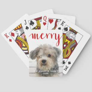 Red Merry Calligraphy - vertical Photo white type Playing Cards