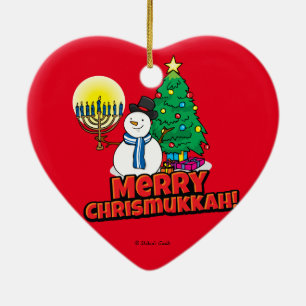 Red Merry Chrismukkah with Snowman and Menorah Ceramic Tree Decoration