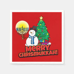 Red Merry Chrismukkah with Snowman and Menorah Napkin