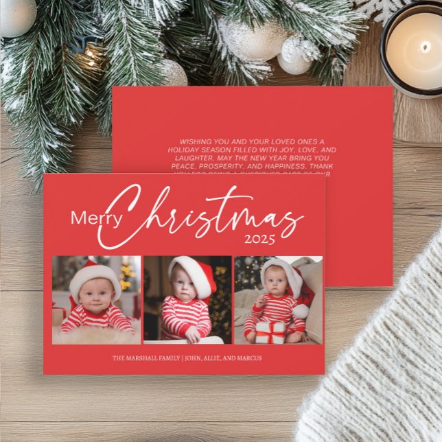 Red Merry Christmas 2025 Photo Collage Typography  Holiday Card (Red 3-photo "Merry Christmas" greeting card)
