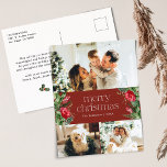 Red Merry Christmas 3 Photo Botanical Holiday Postcard<br><div class="desc">This collection features watercolor red florals,  berries & winter greenery with modern & elegant typography,  with a winter botanical pattern back.</div>