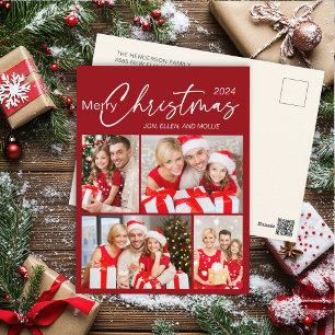 Red Merry Christmas 4 Photo Holiday Postcard