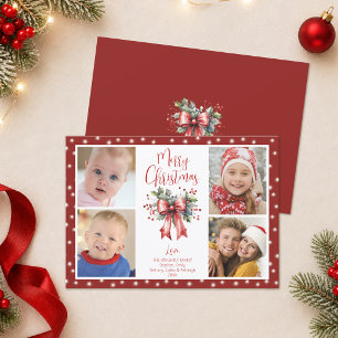 Red Merry Christmas 4 Photo Script Bow Lights Holiday Card