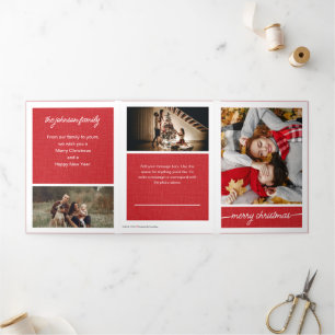Red Merry Christmas 5-Photo Family Letter Tri-Fold Holiday Card