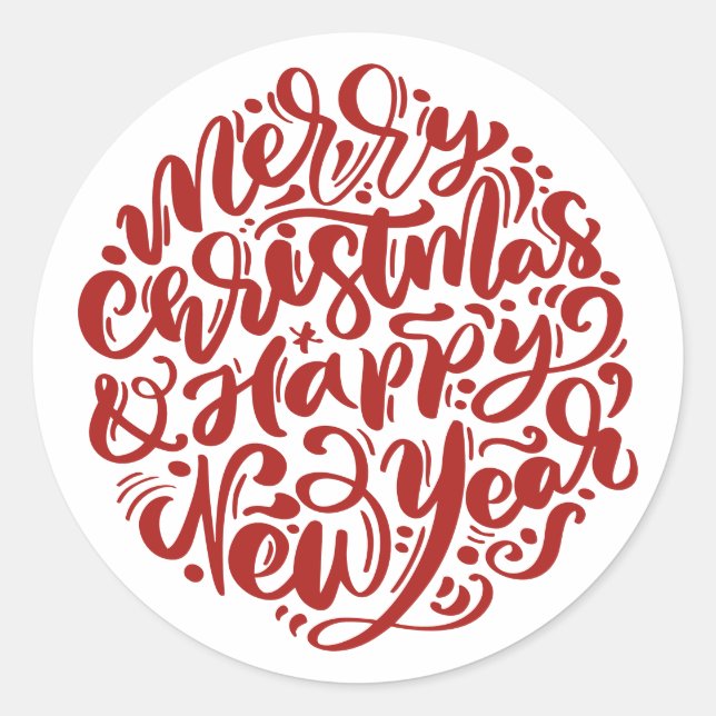 Red Merry Christmas and Happy New Year Classic Round Sticker (Front)
