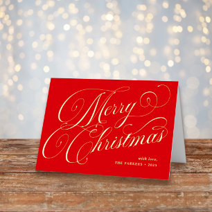 Red Merry Christmas and Photo   Calligraphy Gold Foil Holiday Card
