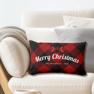 Red Merry Christmas Buffalo Plaid Lumbar Cushion