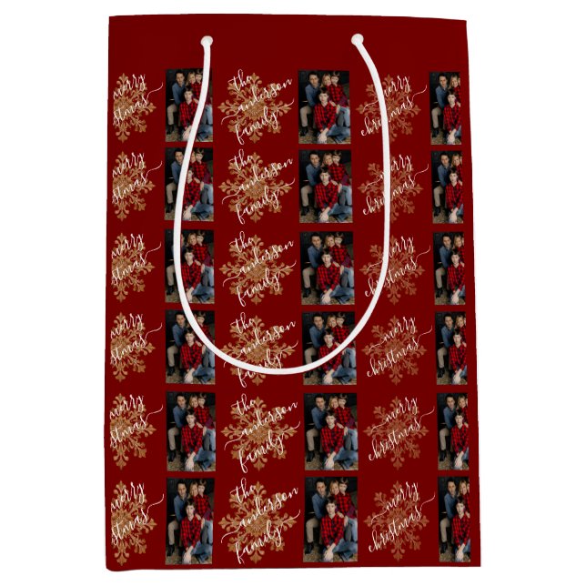 Red Merry Christmas Calligraphy Family 2 Photo Medium Gift Bag (Front)