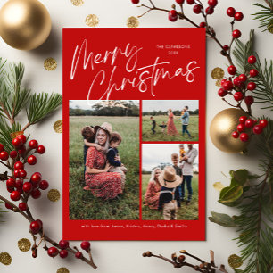 Red Merry Christmas Calligraphy Script 3 Photo Holiday Card