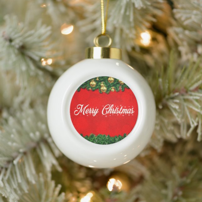 Red Merry Christmas Ceramic Ball Ornament (Tree)
