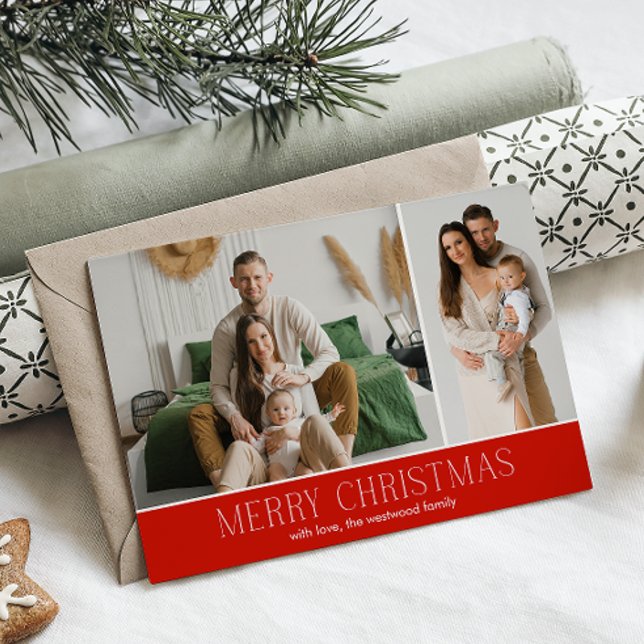 RED MERRY Christmas Elegant 2 Photo message Holiday Card (Creator Uploaded)