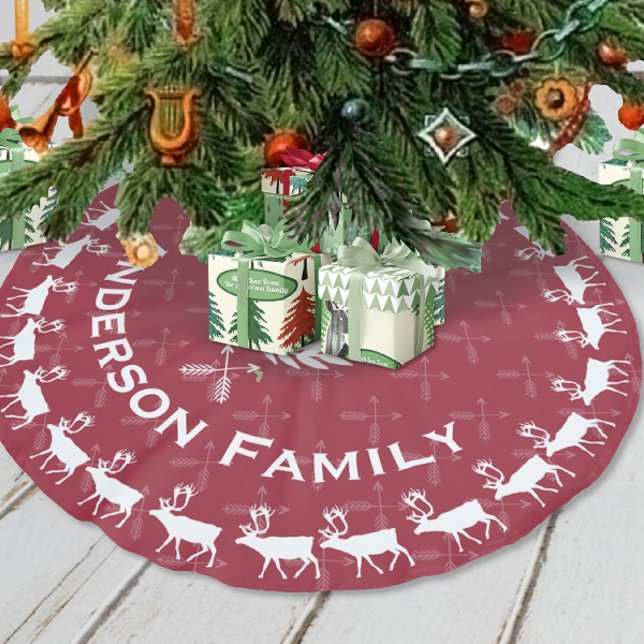 Red Merry Christmas Family Name Reindeer Arrows Brushed Polyester Tree Skirt (Creator Uploaded)