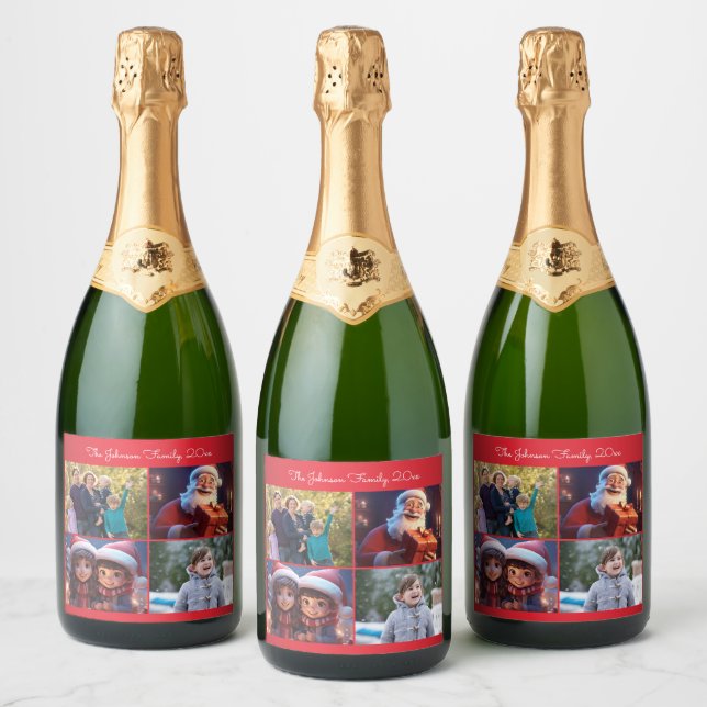 Red Merry Christmas Family Photo Sparkling Wine Label (Bottles)