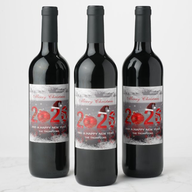 Red Merry Christmas Festive New Year 2026 Wine Label (Bottles)