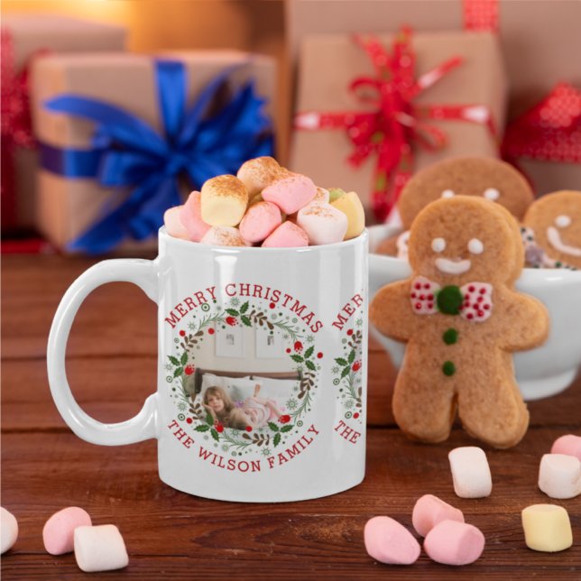 Red Merry Christmas, floral wreath holiday photo Coffee Mug (Creator Uploaded)