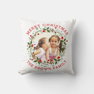 Red Merry Christmas, floral wreath holiday photo Cushion
