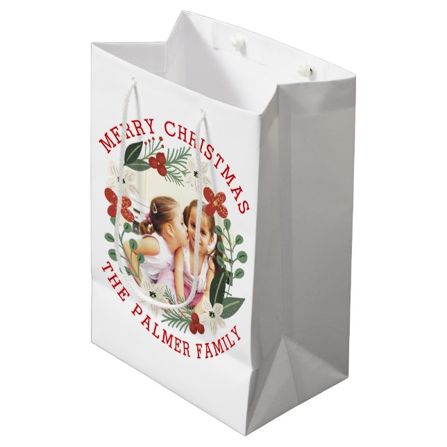 Red Merry Christmas, flowers berries holiday photo Medium Gift Bag (Front Angled)