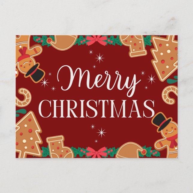 Red Merry Christmas Gingerbread  Holiday Postcard (Front)