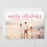 Red Merry Christmas Glitter Look Photo Holiday Card<br><div class="desc">These classic,  simple Christmas cards feature a photo and glitter look "merry christmas" in calligraphy script. Personalized with your own family name. The back of these cards features a glittery stripe design.</div>