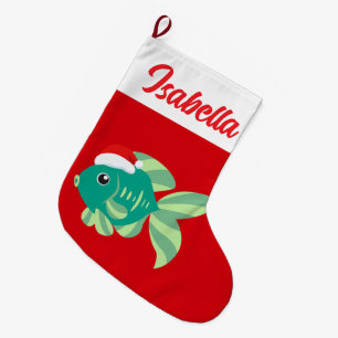 Red Merry Christmas Gold fish Santa hat Xmas Large Christmas Stocking