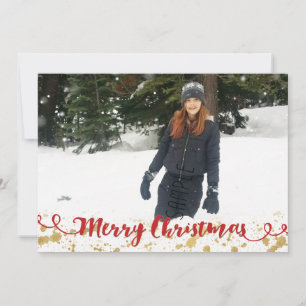 Red Merry Christmas Gold Splat Photo Holiday Card