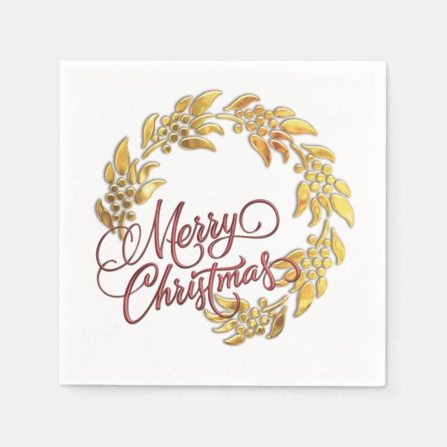 Red Merry Christmas Gold Wreath Napkin (Front)