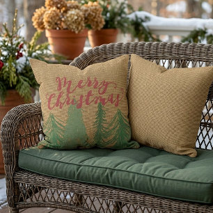 Red Merry Christmas Green Trees Faux Jute Burlap Cushion