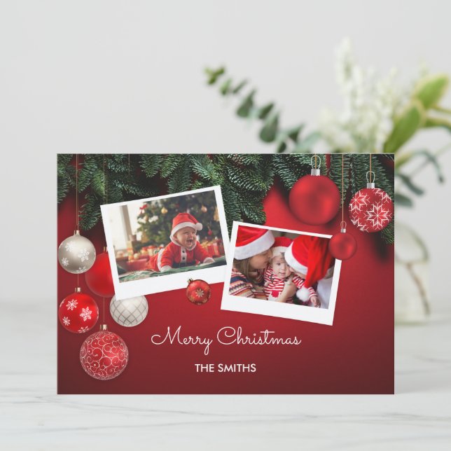 Red Merry Christmas Greeting Family Photo Collage Holiday Card (Standing Front)