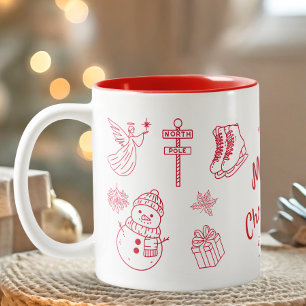 Red Merry Christmas Hand Draw Two-Tone Coffee Mug