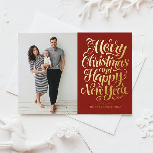 Red Merry Christmas & Happy New Year Photo Foil Holiday Card