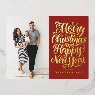 Red Merry Christmas & Happy New Year Photo Foil Holiday Postcard