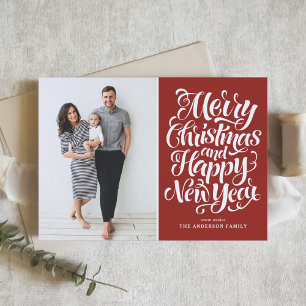 Red Merry Christmas & Happy New Year Photo Holiday Card