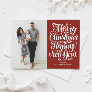 Red Merry Christmas & Happy New Year Photo Holiday Card