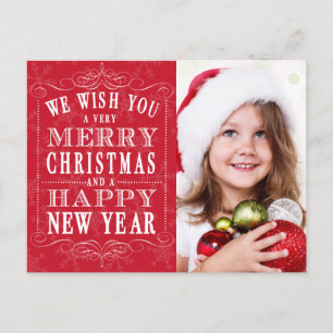 Red Merry Christmas, Happy New Year Photo Holiday Postcard