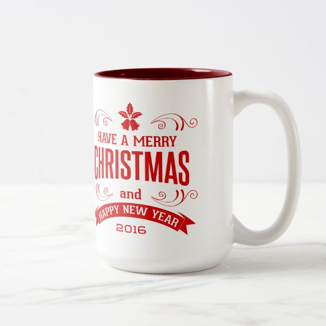 Red Merry Christmas Happy New Year Typography Two-Tone Coffee Mug (Right)