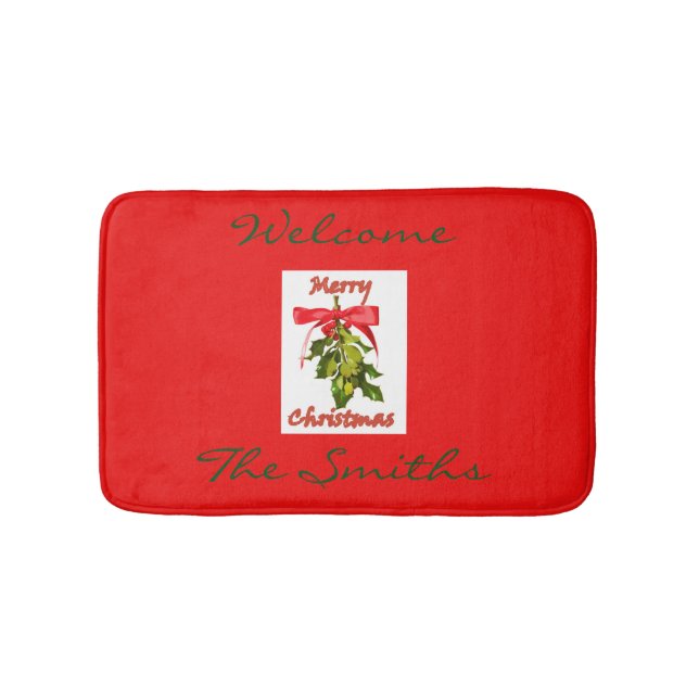 red merry christmas mistletoe bath mat (Front)
