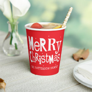 Red Merry Christmas Modern Personalised Name  Paper Cups