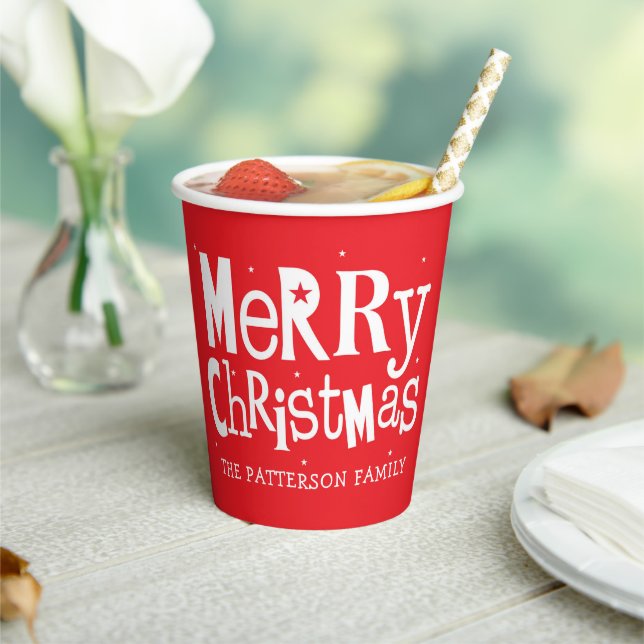 Red Merry Christmas Modern Personalised Name  Paper Cups (Insitu)