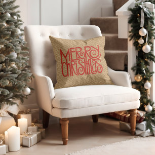 Red Merry Christmas On Faux Jute Burlap Cushion