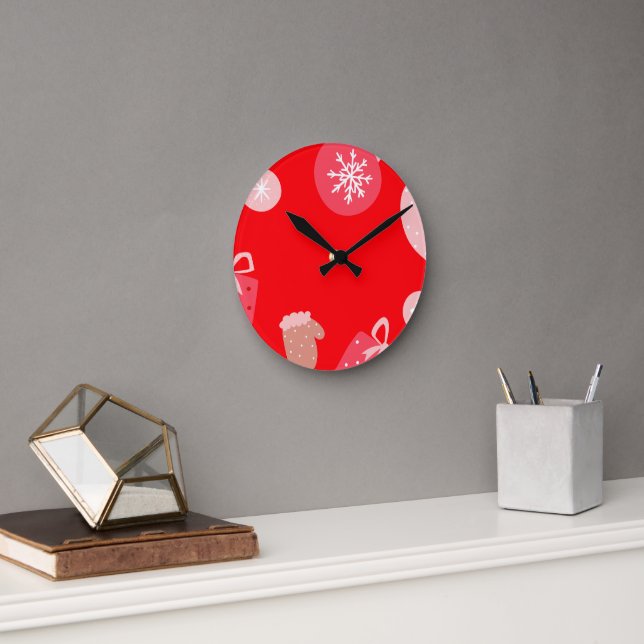 Red Merry Christmas Ornaments Snowflakes Gloves Round Clock (Office)