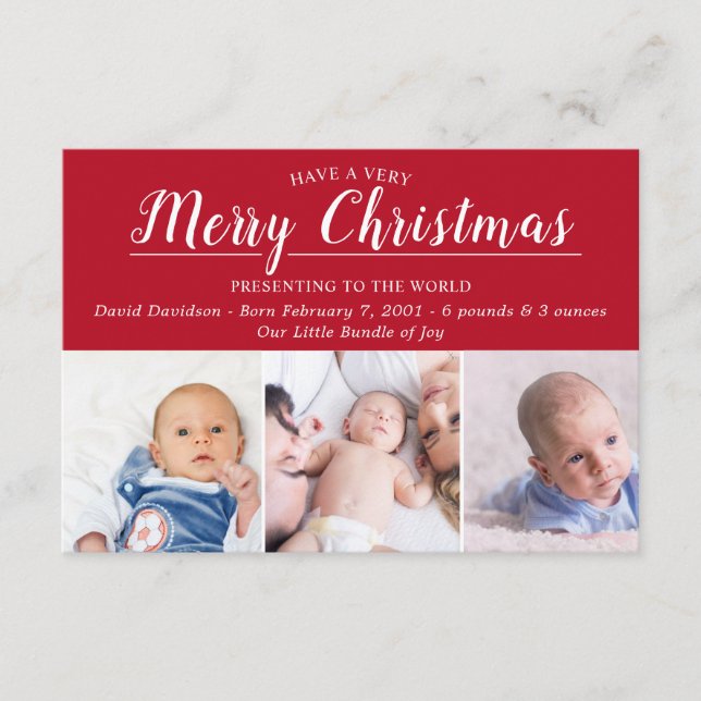 Red Merry Christmas Photo Baby Birth Announcement (Front)