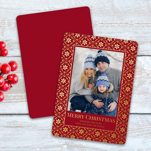 Red Merry Christmas Photo Gold Snowflake Foil Holiday Card (Creator Uploaded)