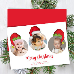 Red Merry Christmas Photo Santa Hats Holiday Card