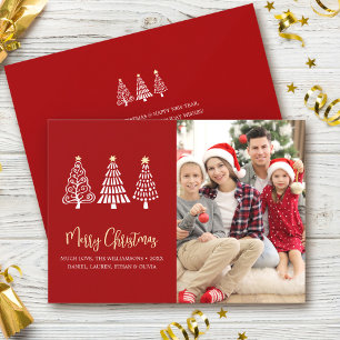 Red Merry Christmas Photo Whimsical Trees Script Holiday Card