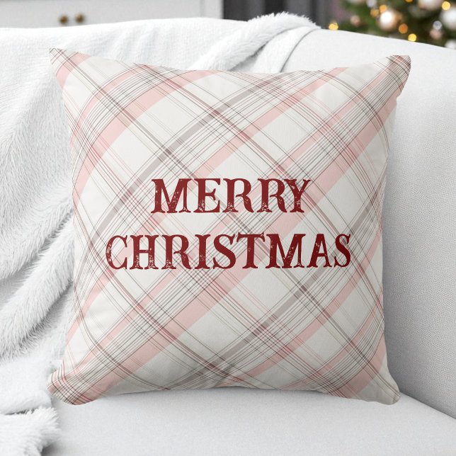 Red Merry Christmas Pink Plaid Pattern Modern Cushion (Red Merry Christmas Pink Plaid Pattern Modern Throw Pillow)