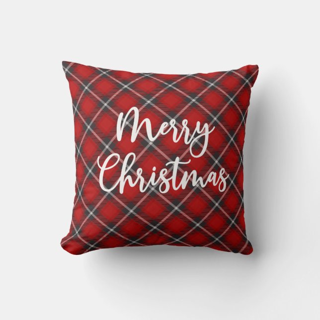 Red Merry Christmas Plaid Script Typography Cushion (Front)