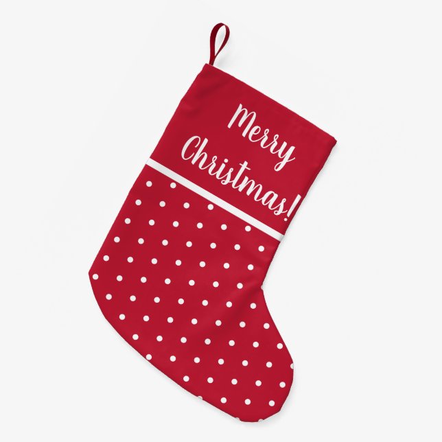 Red Merry Christmas Polka Dots Festive Small Christmas Stocking (Front (Hanging))