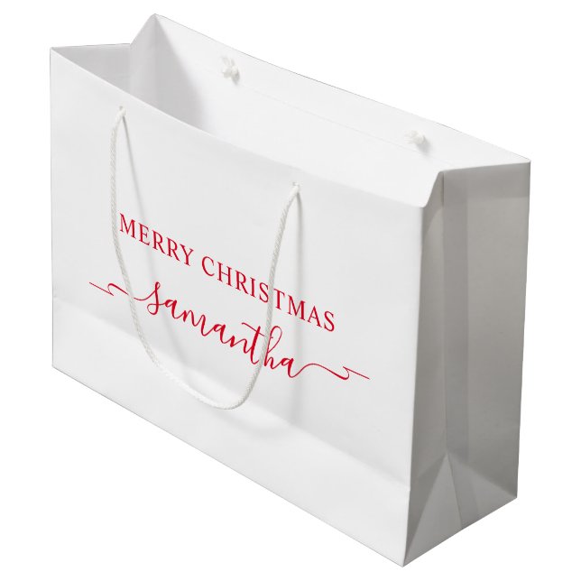 Red Merry Christmas Ribbon Swash Signature Name Large Gift Bag (Front Angled)